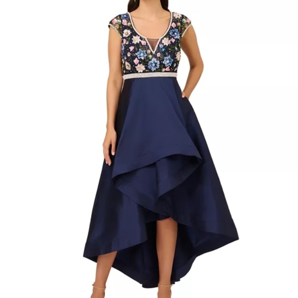 Adrianna Papell- Beaded High-Low Taffeta Gown‎